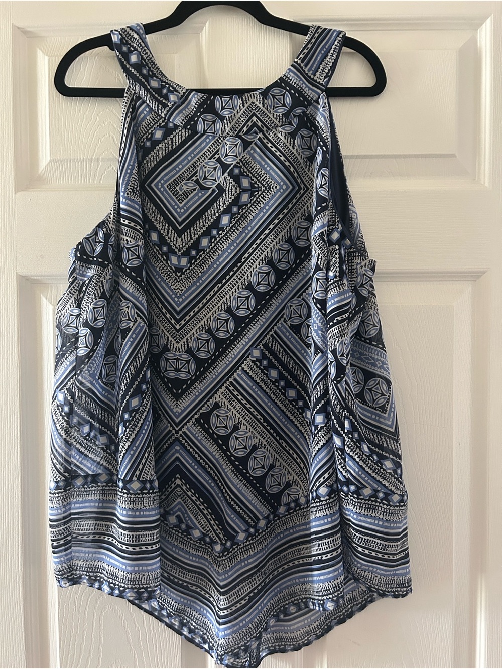 AB Studio Blue and White Geometric Cold-Shoulder Blouse